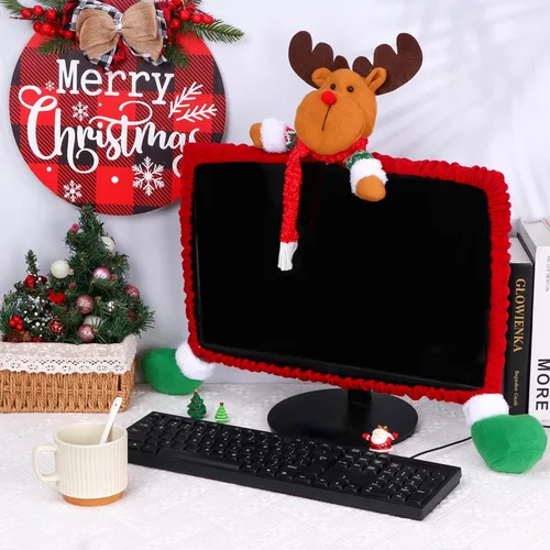Vista 4 de Funda elástica para monitor de computadora de Navidad, decoración de Navidad, cubierta de borde de monitor de computadora de reno, funda elástica