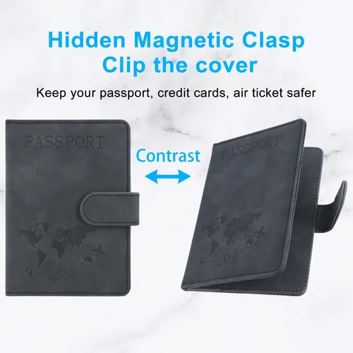 Vista 3 de Funda para pasaporte, cartera con bloqueo RFID, funda de cuero para tarjetas, accesorios de viaje para mujeres y hombres, *Negro