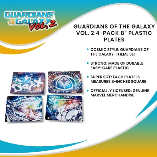 Vista 6 de Guardians of the Galaxy, Juego de platos de plástico Vol. 2 - Divertido paquete de cuatro incluye platos cuadrados de 8 pulgadas en 4 diseños