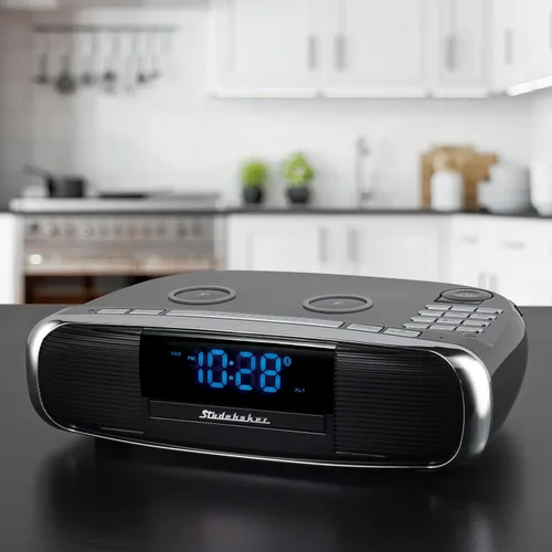 Vista 4 de Studebaker Workstaton Sistema de música HiFi con Bluetooth, radio FM, CD y estación de carga inalámbrica Qi (negro)