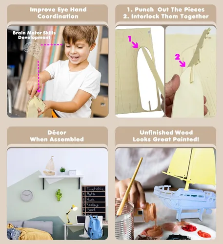Vista 3 de Puzzled Rompecabezas de madera 3D de velero - Kit de construcción de bricolaje rompecabezas de barco de madera para niños y adultos, pintura
