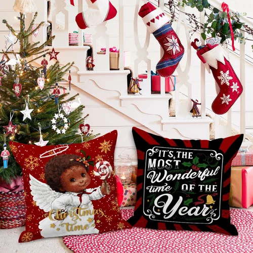 Vista 4 de Lanpn Juego de 4 fundas de almohada navideñas de Papá Noel negro de 16 x 16 pulgadas, funda de cojín decorativa de Navidad negra afroamericana de 16
