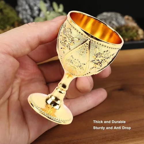 Vista 3 de HERCHR 2 copas vintage, copa de vino medieval, copa de vino de metal de cobre en relieve, mini copas de comunión, copa de vino real, relieve 3D