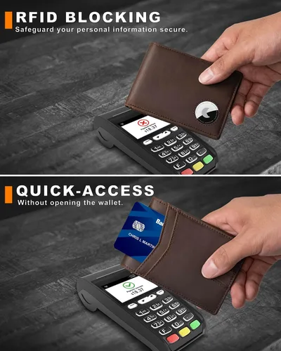 Vista 13 de Billetera AirTag para hombre, de piel auténtica plegable con bloqueo Rfid AirTag con ranuras para efectivo y ventana de identificación, compatible