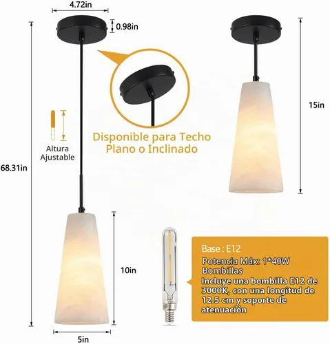 Vista 3 de Luces colgantes de alabastro natural, isla de cocina, pantalla cónica de mármol blanco, modernas lámparas de techo negras para mesa de comedor, sala