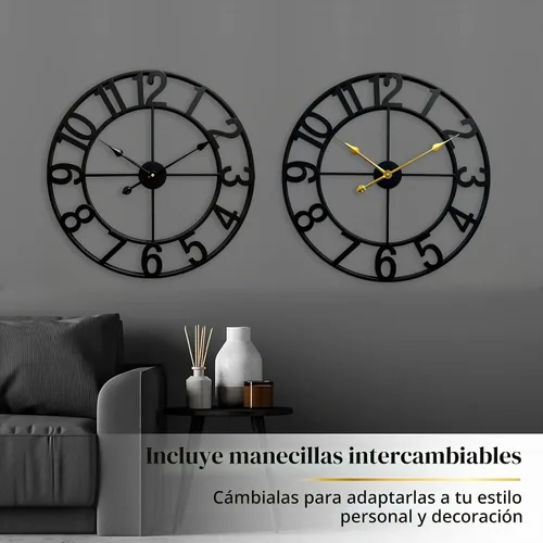 Vista 4 de CLXEAST Relojes de pared de 24 pulgadas para decoración de sala de estar, reloj de pared grande de metal negro que funciona con pilas Número arábigo