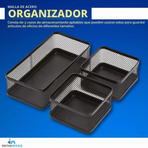 Vista 5 de 1InTheOffice Mesh Collection - Bandeja organizadora de cajones de escritorio, 3 compartimentos, apilable, negro mate