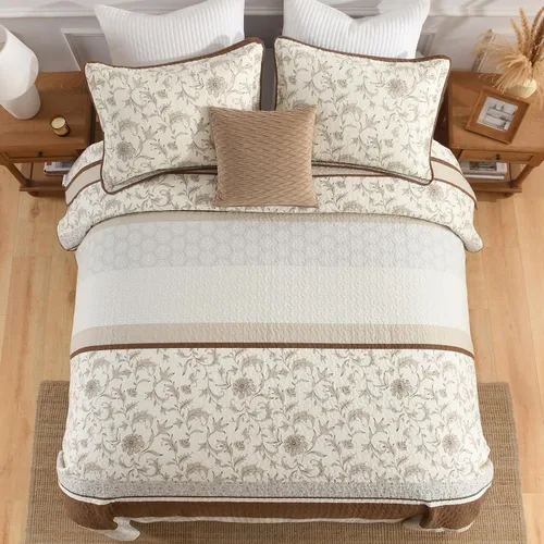 Vista 3 de DDUOXIN Edredón 100 % algodón, tamaño Queen, moderno, botánico, con 2 fundas de almohada, colcha con estampado floral a rayas, juego de ropa de cama