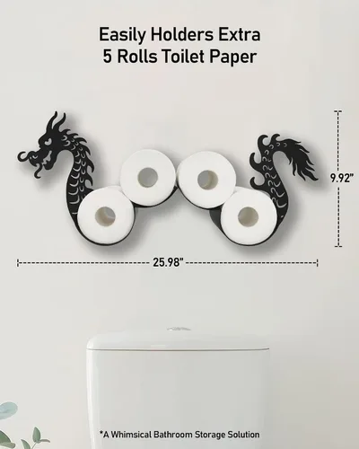 Vista 2 de Soporte para rollo de papel higiénico de dragón, montado en la pared, color negro mate, almacenamiento y organizador para 5 rollos adicionales