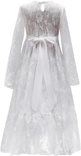 Vista 2 de Vestido de primera comunión con encaje blanco para niñas, boda, dama de honor, fiesta, bautizo, princesa, Aline, bohemio, rústico, baile, Blanco