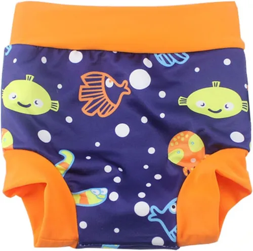 Vista 4 de Leideur Pañales de natación para bebé para niños, pantalones cortos de natación de cintura alta (2-3 años, rayas azul marino + peces)