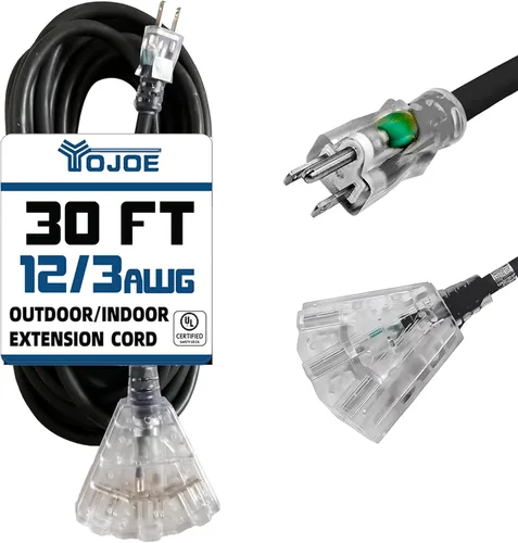 Vista 11 de YOJOE Cable de extensión de 3 salidas para interiores y exteriores con extremo iluminado, cable de alimentación de 3 clavijas 15A resistente a