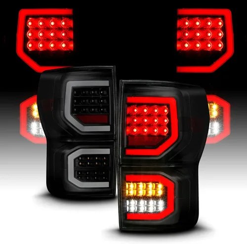 Vista 10 de AmeriLite para camioneta Toyota Tundra 2007-2013, cristal negro [Full LED] Faros traseros dobles tipo C de tubo de repuesto, lámpara de freno, par