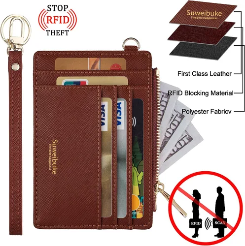 Vista 4 de Wikavanli Funda delgada para tarjetas de crédito con bloqueo Rfid para mujer, cartera con cremallera, cartera pequeña y compacta de cuero