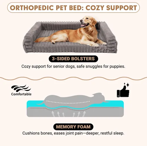 Vista 4 de Cama ajustable para perros grandes, cama elevada para perros con marco de metal, colchón de espuma viscoelástica y funda de pana lavable, cama