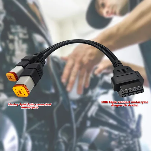 Vista 3 de Adaptador OBD2 para Harley 4 pines 6 pines 2 en 1 cable de motocicleta, apto para motocicleta Harley Davidson de 4 pines+6 pines a OBD2 conector