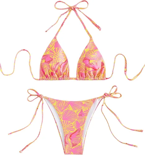Vista 37 de ZAFUL Bikinis triangulares estampados para mujer, 2 piezas, bikini halter, traje de baño de corte alto, traje de baño con lazo lateral 0-negro a