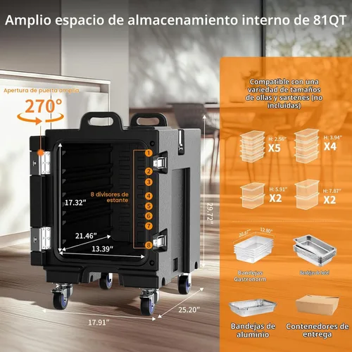Vista 4 de NEEDONE Calentador de alimentos, contenedor de comida aislada LLDPE de 81 Qt para alimentos calientes/fríos, con hebillas dobles, ruedas