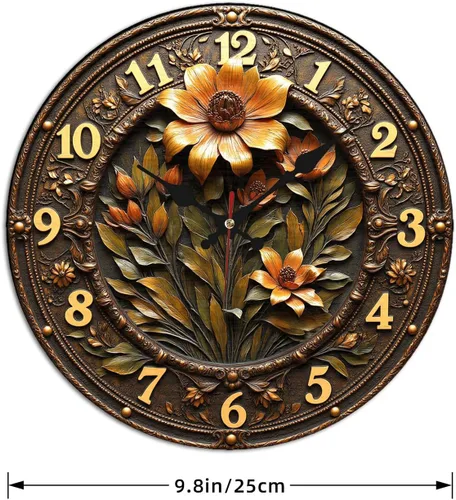 Vista 4 de Reloj de pared de madera de flor ornamentada de bronce con detalle grabado en relieve 9.8x9.8 in