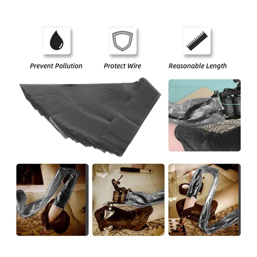 Vista 6 de ATOMUS 100 fundas de cordón con clip de tatuaje con 2 piezas de vendaje autoadhesivo, bolsas de plástico desechables, bolsa para bolígrafo
