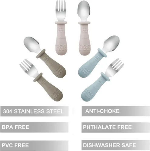 Vista 5 de PandaEar Cucharas de silicona para bebés y utensilios para niños pequeños (bronceado claro/nogal/azul)