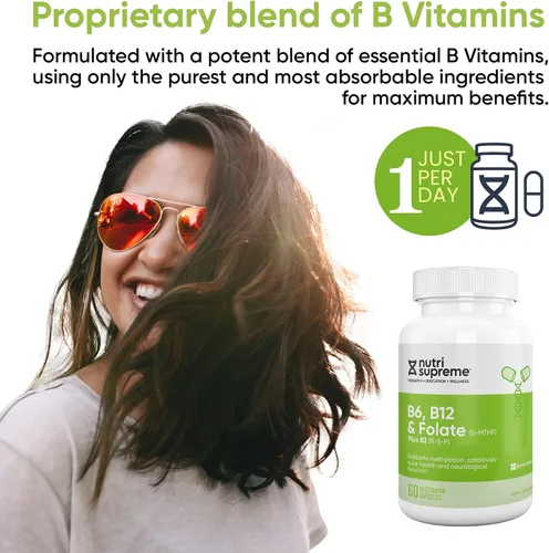 Vista 5 de Nutri Supreme, folato con B6 y B12, ayuda a mantener los niveles normales de homocisteína y la salud cardiovascular, 60 unidades, certificado Kosher