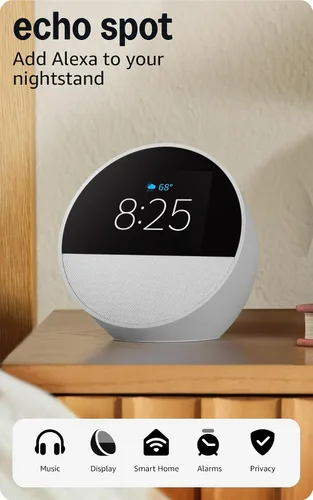 Vista 13 de Amazon Echo Spot: ideal para mesitas de noche, oficinas y cocinas, incluye despertador inteligente con Alexa (negro)