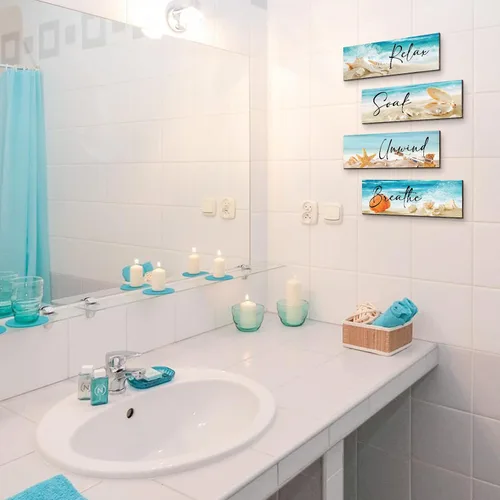 Vista 5 de 4 piezas de arte de pared de madera de playa, decoración de océano, relajarse, remojar y relajarse