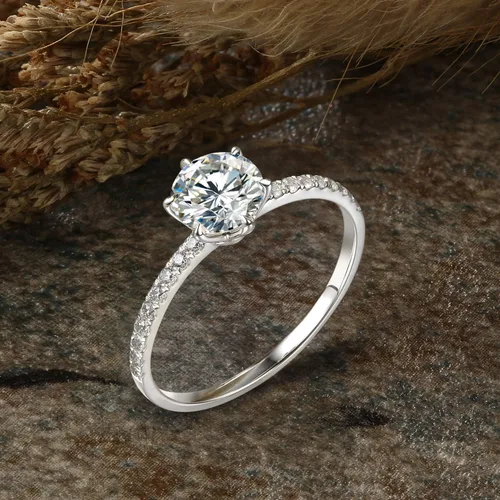 Vista 4 de Lamrowfay Anillo de compromiso clásico de oro macizo amarillo o blanco de 14 quilates de 6 puntas