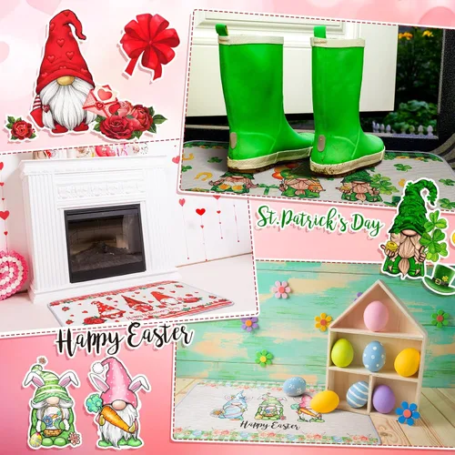 Vista 5 de Moucuny 3 piezas de gnomo del día de San Patricio, felpudo de bienvenida de Pascua, tréboles irlandeses, tapete decorativo de entrada de 27.6 x 15.7