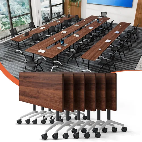 Vista 25 de Mesa de conferencias plegable con ruedas, mesa modular para sala de conferencias con 2 ojales para cables, mesas móviles de sala de reuniones