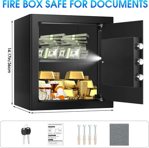Vista 2 de Cajas de seguridad de 2.0 pies cúbicos para uso doméstico a prueba de fuego y agua, caja de seguridad de acero para el hogar con cerradura