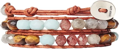 Vista 2 de Chan Luu Pulsera envolvente con piedras semipreciosas de amazonita y labradorita, Cuero, Tiendaita