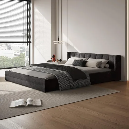 Vista 16 de Marco de cama tamaño Queen con cabecero suave tipo nube, base de cama de madera con tapizado de chenilla, no necesita somier - Beige Marco de cama