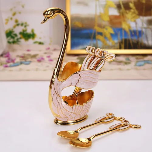 Vista 3 de Juego de cucharas de postre de café, elegante estante de almacenamiento de cucharas con forma de cisne, cucharas de postre de metal sólido