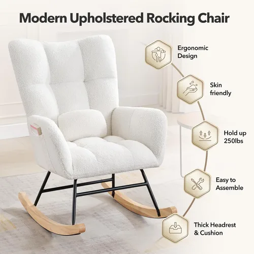 Vista 5 de Silla mecedora tapizada para guardería, mecedora tapizada con asiento acolchado con respaldo alto, silla auxiliar cómoda