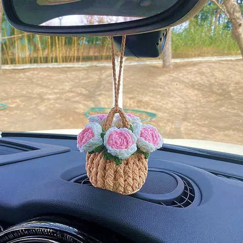 Vista 10 de Colgante de cactus de ganchillo para espejo retrovisor de automóvil, plantas peludas, adorno colgante para decoración del interior del automóvil