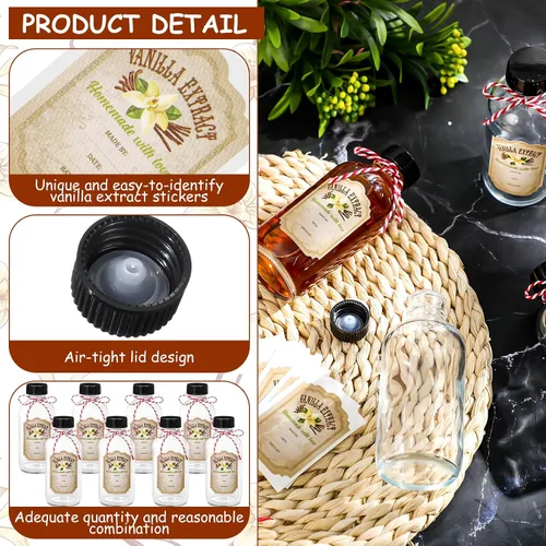 Vista 3 de Uiifan 8 botellas de vidrio transparente de 4 onzas para extracto de vainilla con tapas Boston Round, 8 Labels Included, Black Screw Caps, for