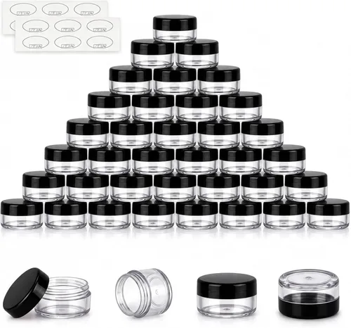 Vista 12 de Contenedores de cosméticos con tapas, tarros de loción de plástico, tarros para muestras, con tapa rosa, 0.2 oz, 25 unidades, Tarro de 3 gramos.