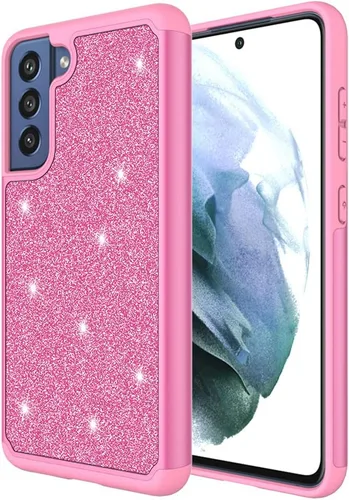 Vista 3 de Diseñada para Samsung Galaxy S21 FE Phone Glitter Case con vidrio templado, resistente de doble capa a prueba de golpes, funda protectora
