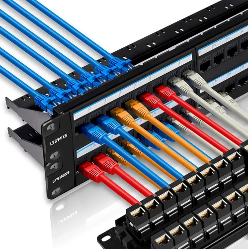 Vista 7 de Panel de conexión RJ45 de 24 puertos con alimentación Cat6, panel de red acoplador de 19 pulgadas, panel de conexión Ethernet Keystone en línea