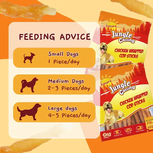 Vista 5 de Jungle Calling 35 golosinas para perros sin cuero crudo, palitos de bacalao envueltos en pollo de 4.5 pulgadas para perros, masticables de larga