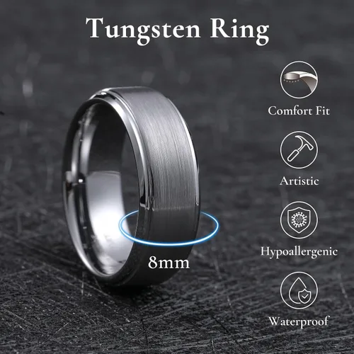 Vista 4 de King Will Anillo de Boda Clásico de Tungsteno para Hombre, Anillos de 6/7/8/9/10mm de Ancho, Acabado Pulido, Borde de Escalón Mate, Ajuste Cómodo