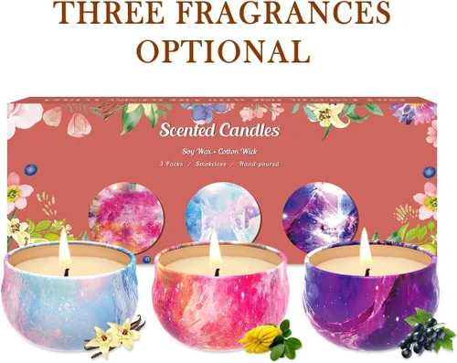 Vista 2 de Paquete de 3 velas decorativas pequeñas perfumadas, aroma fuerte de bergamota y vainilla y bayas negras de San Diego, velas de soja, no tóxicas