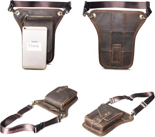 Vista 4 de Le'aokuu Riñonera táctica de piel auténtica para hombre, con cintura para pierna caída, muslo, cruzada, 211-6, Marrón