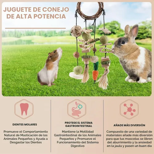 Vista 4 de Bissap Juguete masticable de conejo, jaula de conejos, juguetes para masticar, coronas de vid, anillo de ratán con aperitivos para conejillos