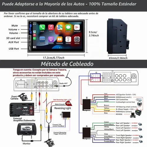 Vista 6 de Estéreo de coche de doble DIN compatible con Apple CarPlay y Android Auto - Receptores de audio de coche con pantalla táctil HD de 7 pulgadas