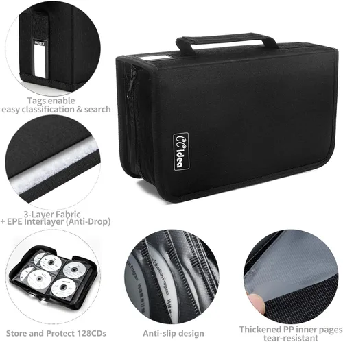 Vista 7 de CCidea Funda para CD y DVD, capacidad de 128 fundas de DVD, organizador de plástico para CD, cartera portátil para viajes en casa (negro)