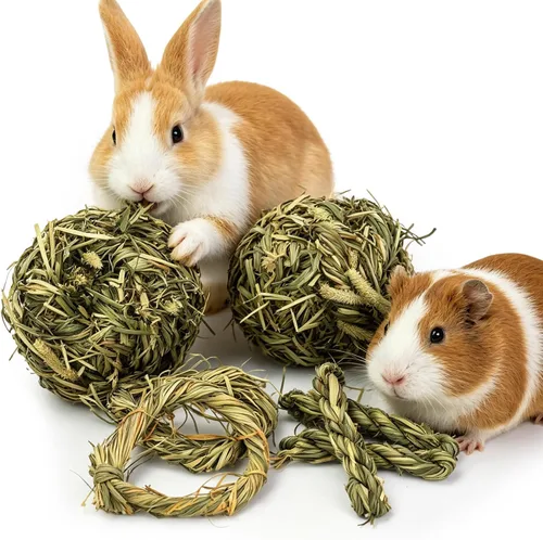 Vista 8 de 7 piezas de juguetes masticables de conejo, bola masticable natural de hierba Timothy para conejos, conejito molar y jugar hierba palo de juguete
