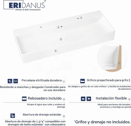 Vista 3 de Eridanus Lavabo de Baño Rectangular 43" x 16", Lavabo Vasija de Cerámica Vítrea de Dos Orificios, Montaje en Encimera y Pared, Lavabo Flotante
